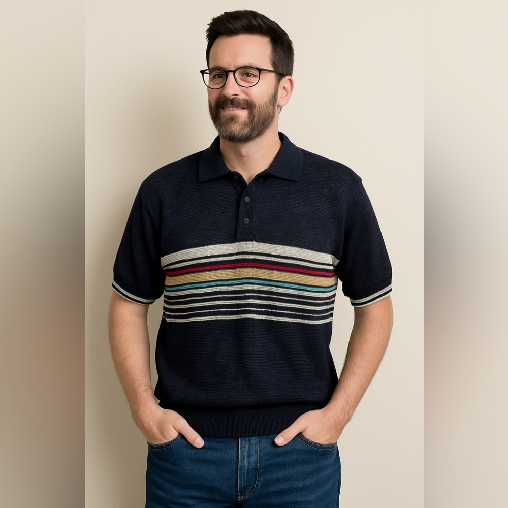 Vintage 80s Saturdays in California Velour Striped Polo Sweater Men’s L Korea